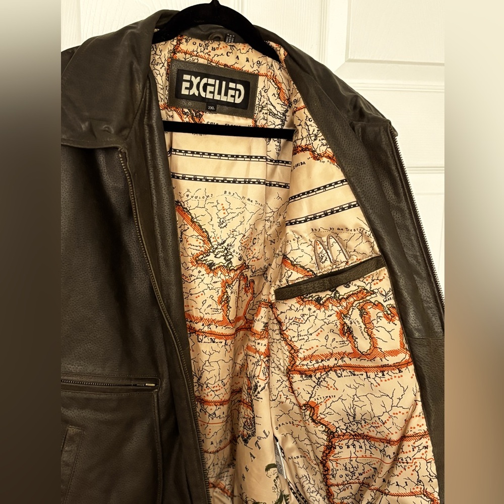 VTG EXCELLED LEATHER BOMBER BIKER JACKET AVIATOR BROWN/MAP GRAPHIC LINER  SZ XXL - Picture 5 of 16